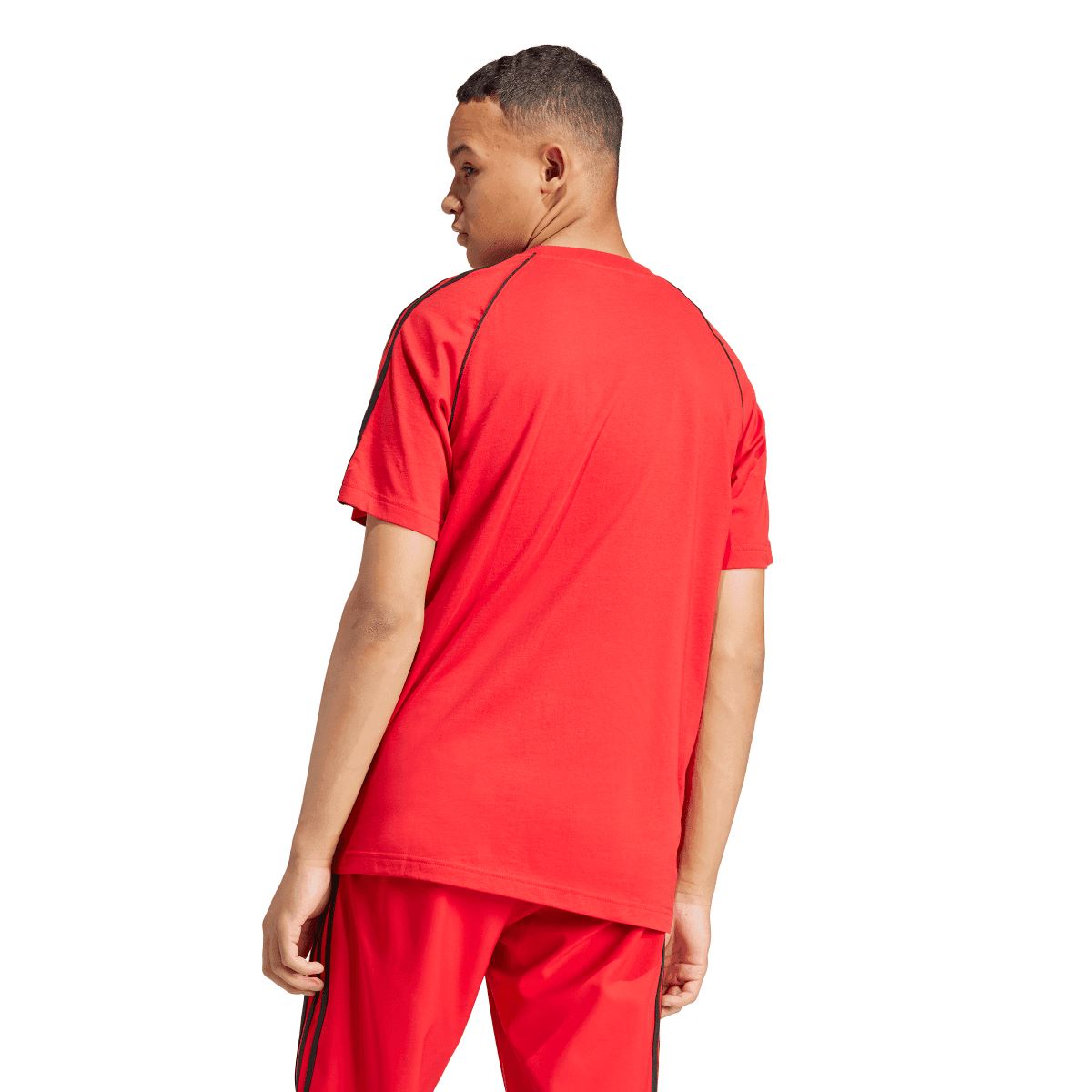 Red adidas SST T-shirt back view with black shoulder stripes and straight hem