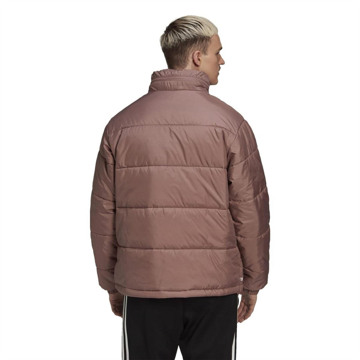 Burgundy padded puffer jacket, back view with hood and quilted baffle stitching