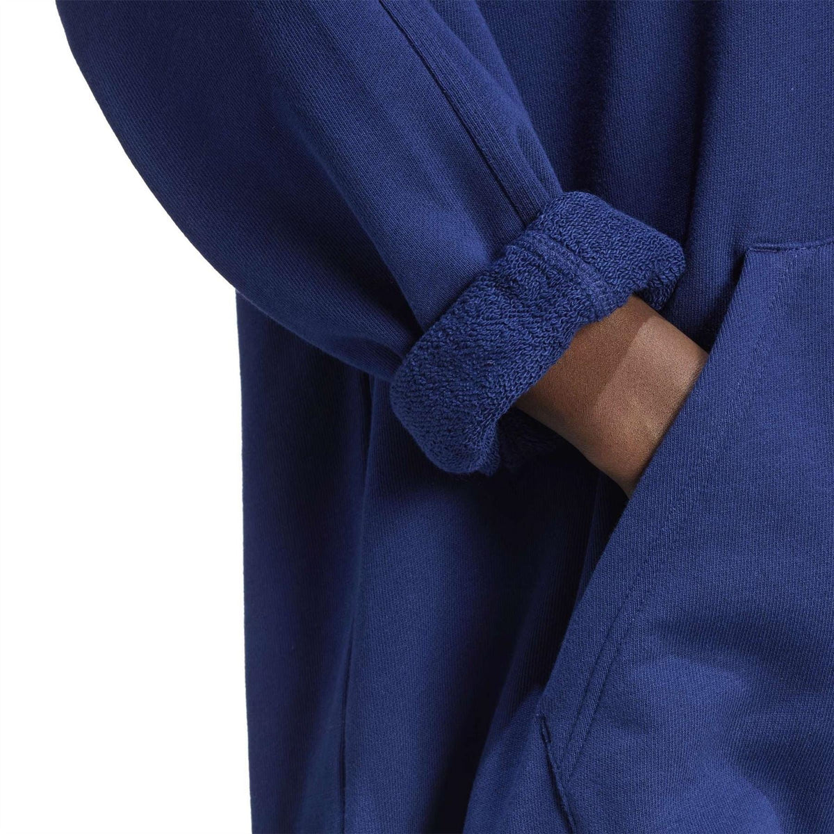 Dark blue french terry hoodie sleeve with ribbed cuff and stitched seam