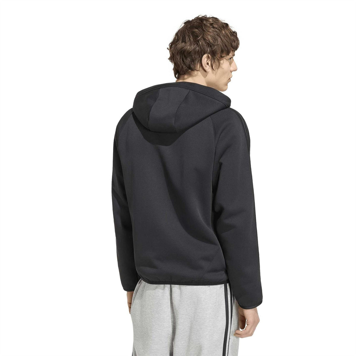 Black zip-up hoodie back view with hood and full-length sleeve stripe detail