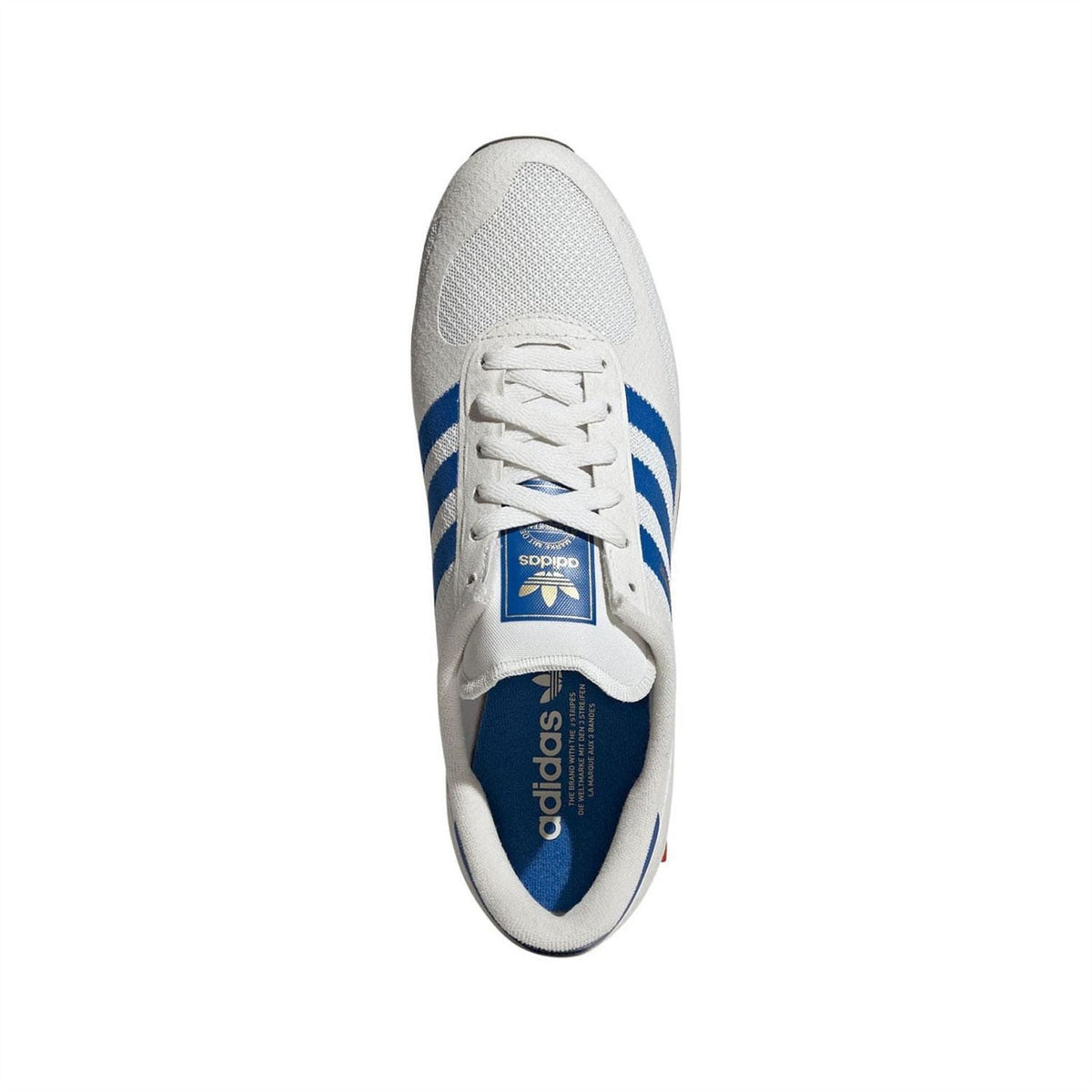 White adidas Originals trainer shoe with blue interior panel and lace-up closure