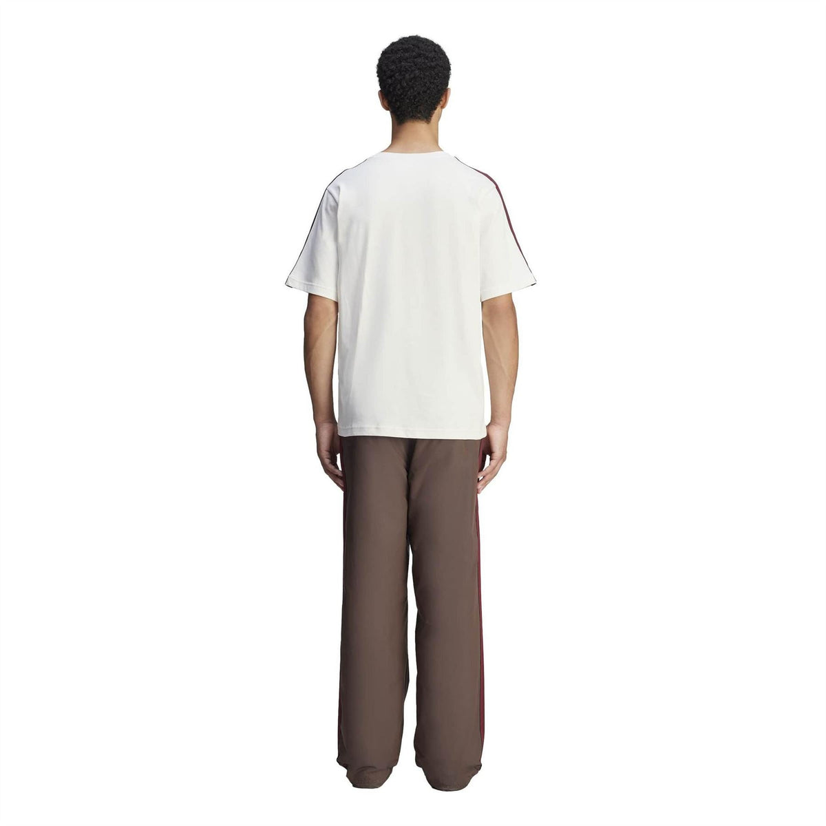 Chalk white crew-neck T-shirt, back view, with red-and-black shoulder stripe