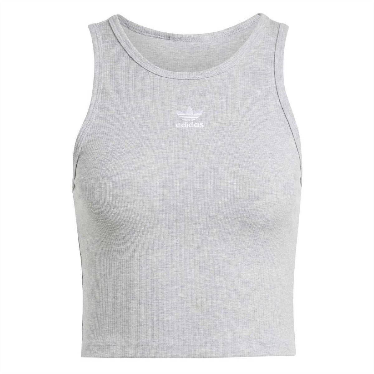 Medium grey ribbed sleeveless crew-neck tank with adidas Trefoil logo on chest