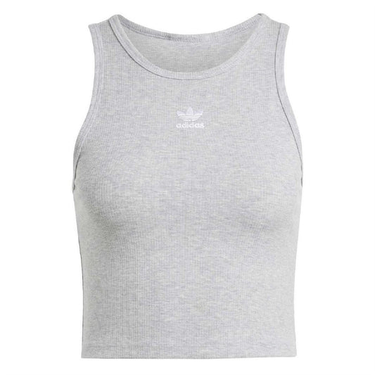 Medium grey ribbed sleeveless crew-neck tank with adidas Trefoil logo on chest
