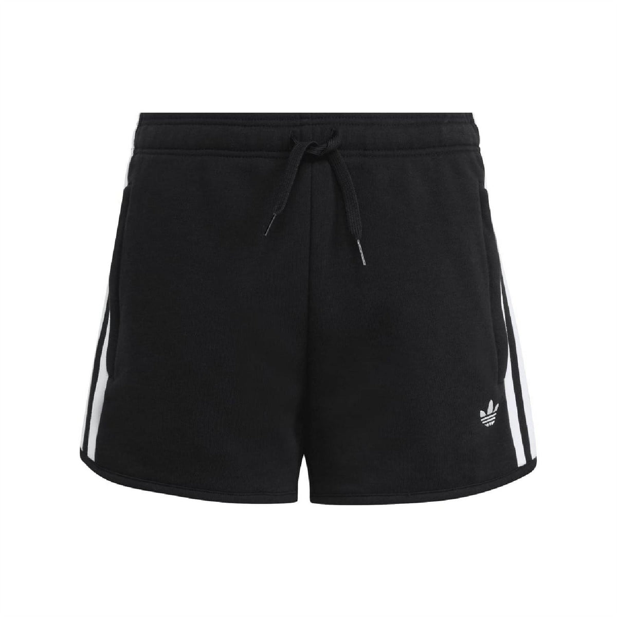 Black juniors athletic shorts with drawstring waist and side logo stripes