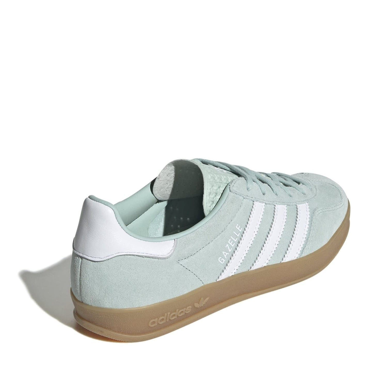 Back/side view of light aqua suede lace-up trainers with adidas logo and gum sole.
