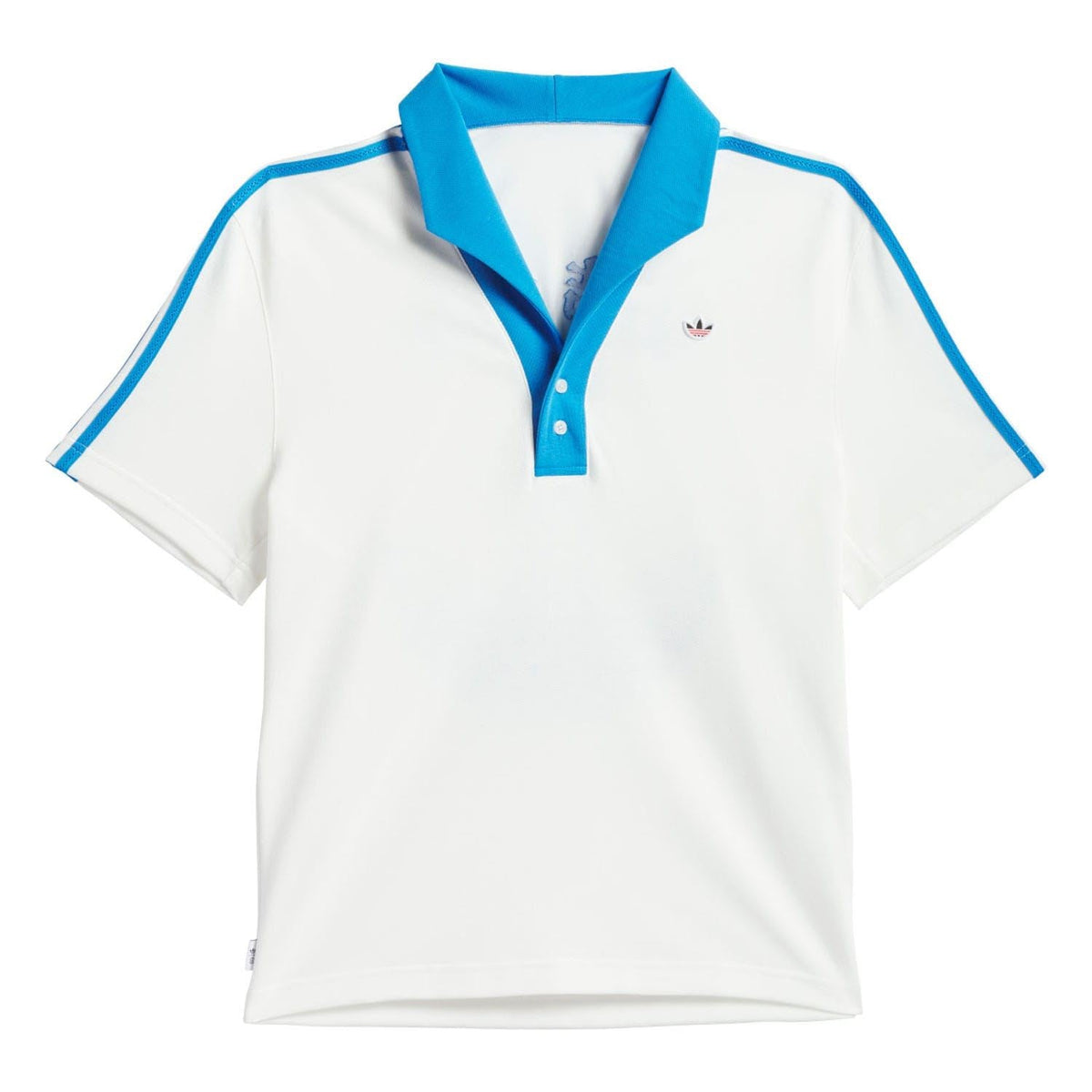 White and blue polo shirt with button placket, striped sleeves, and small chest logo.
