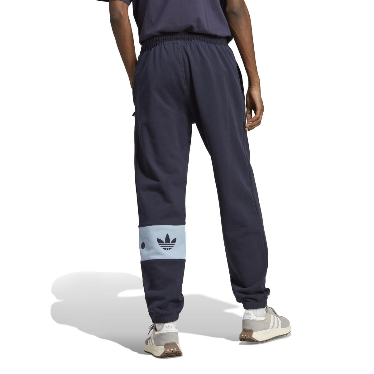 Navy mens joggers with elastic waistband, light-blue lower-leg band, tapered ankle