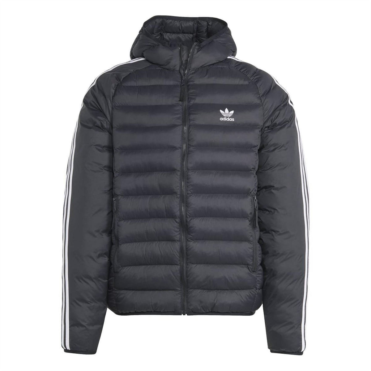 adidas Originals hooded puffer jacket shown on a model, featuring a quilted design and front zipper, in a sporty winter coat style