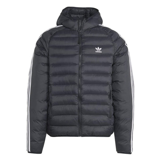 adidas Originals hooded puffer jacket shown on a model, featuring a quilted design and front zipper, in a sporty winter coat style