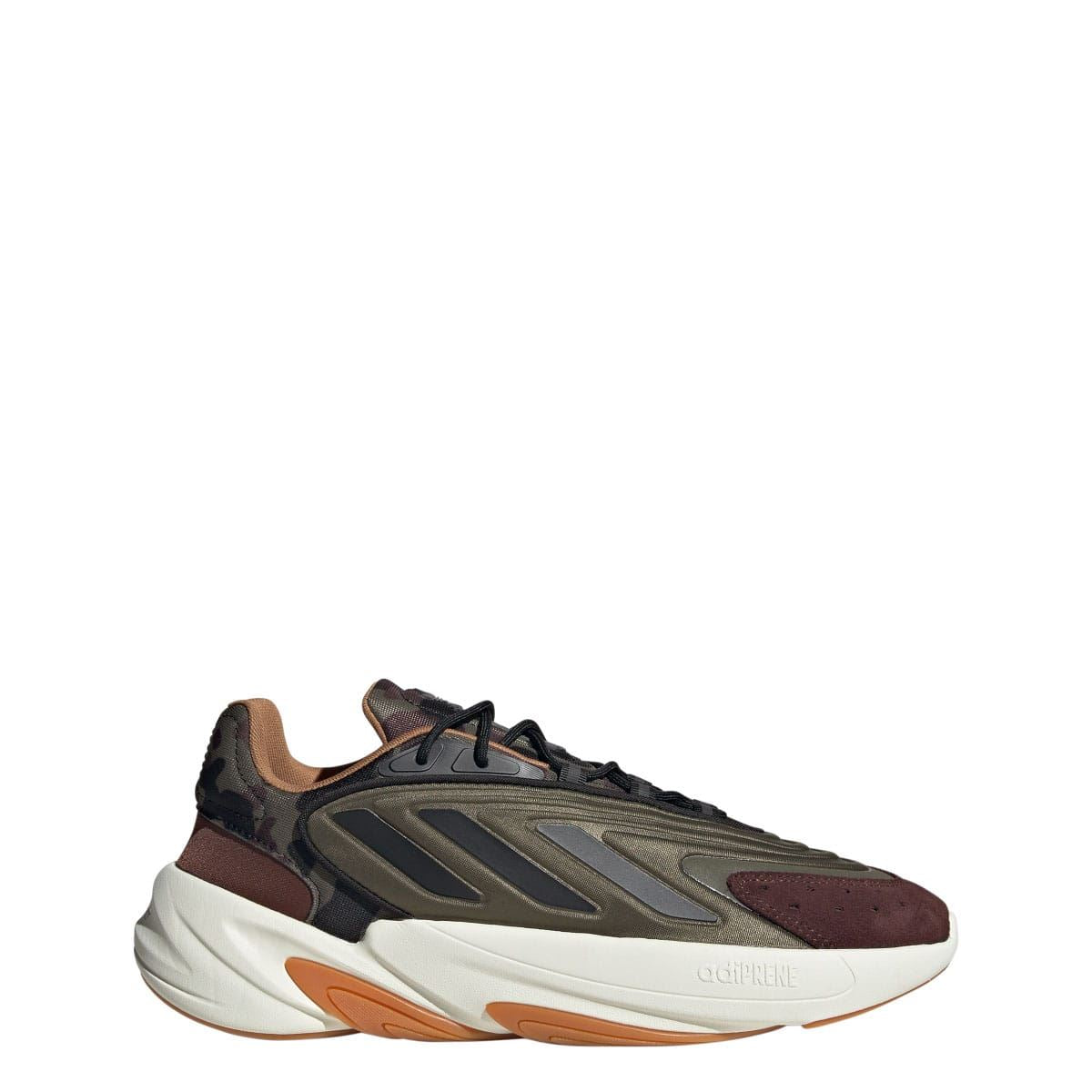 Low-top trainers in olive, burgundy and black with white cushioning sole
