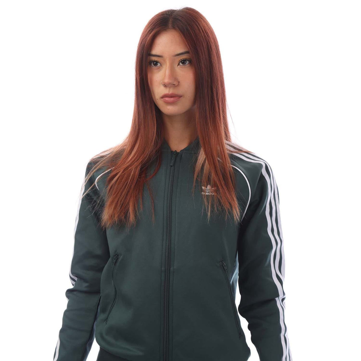 Green track jacket with full zip, stand collar, and adidas chest logo