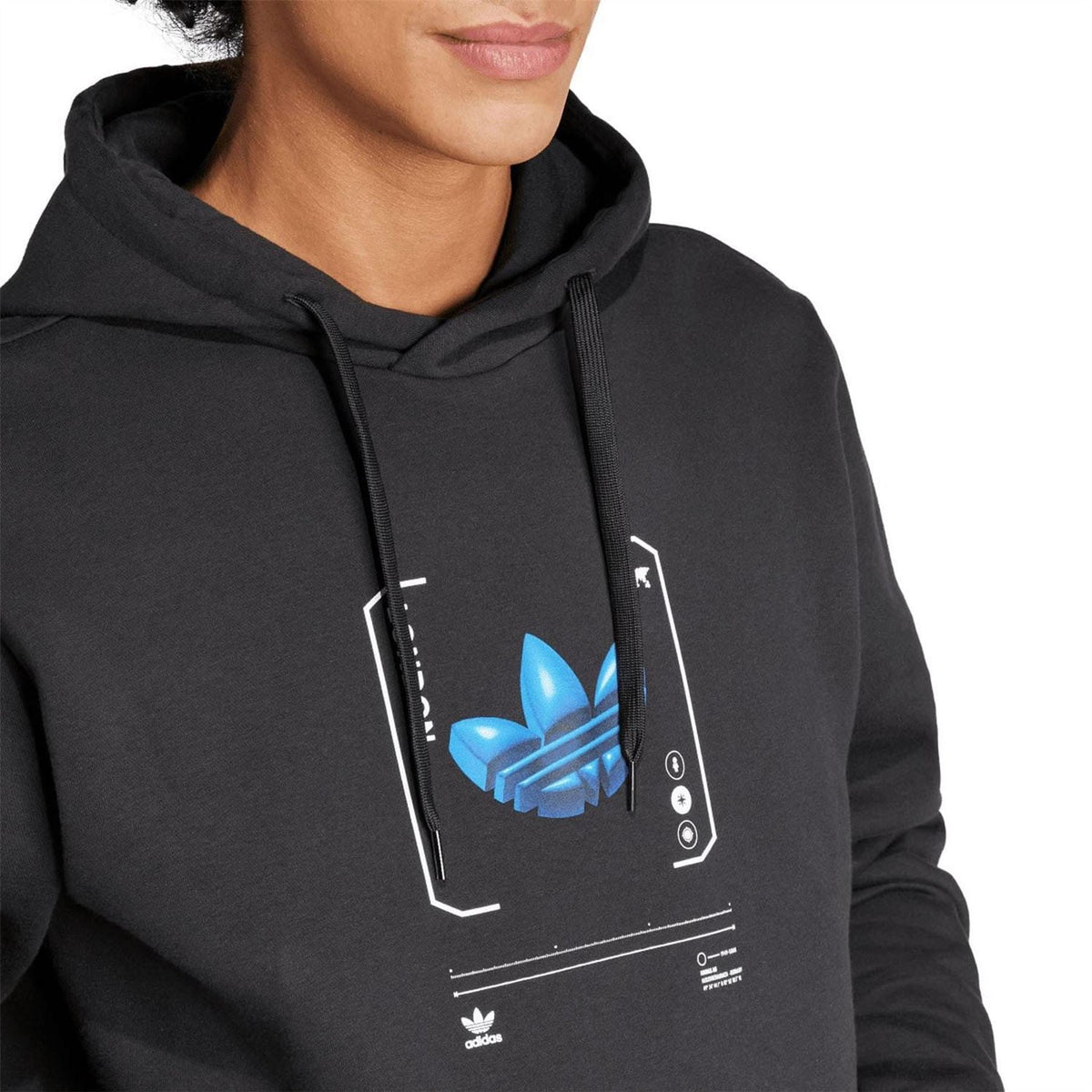 Close-up of adidas Originals black hoodie with blue front graphic logo print