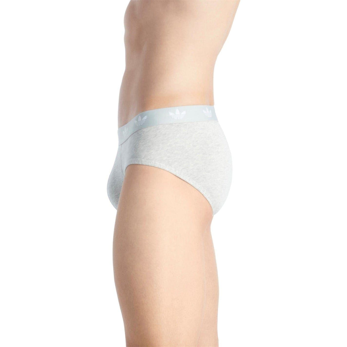 Men's light gray cotton briefs, side view with logo waistband