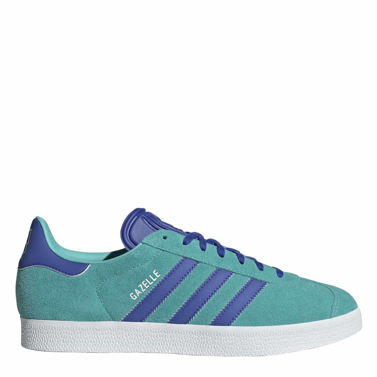adidas Gazelle suede trainers in teal with purple 3-Stripes, lace-up, white sole