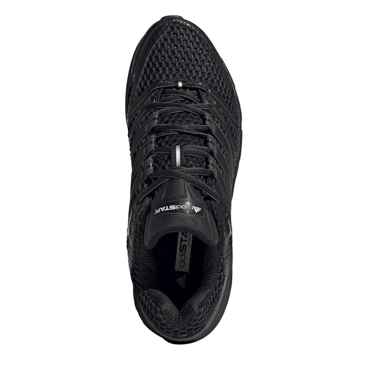 Black lace-up sneaker front view with mesh panels and rubber logo details
