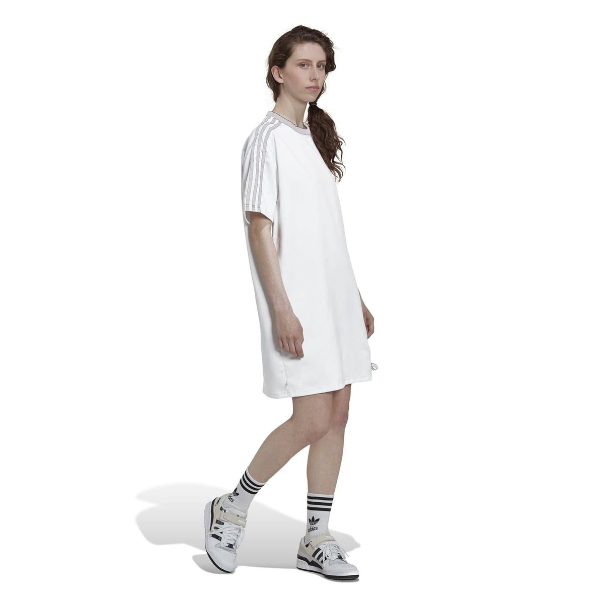 adidas Originals women's T-shirt dress showcasing a casual, comfortable fit with short sleeves and a classic logo design.