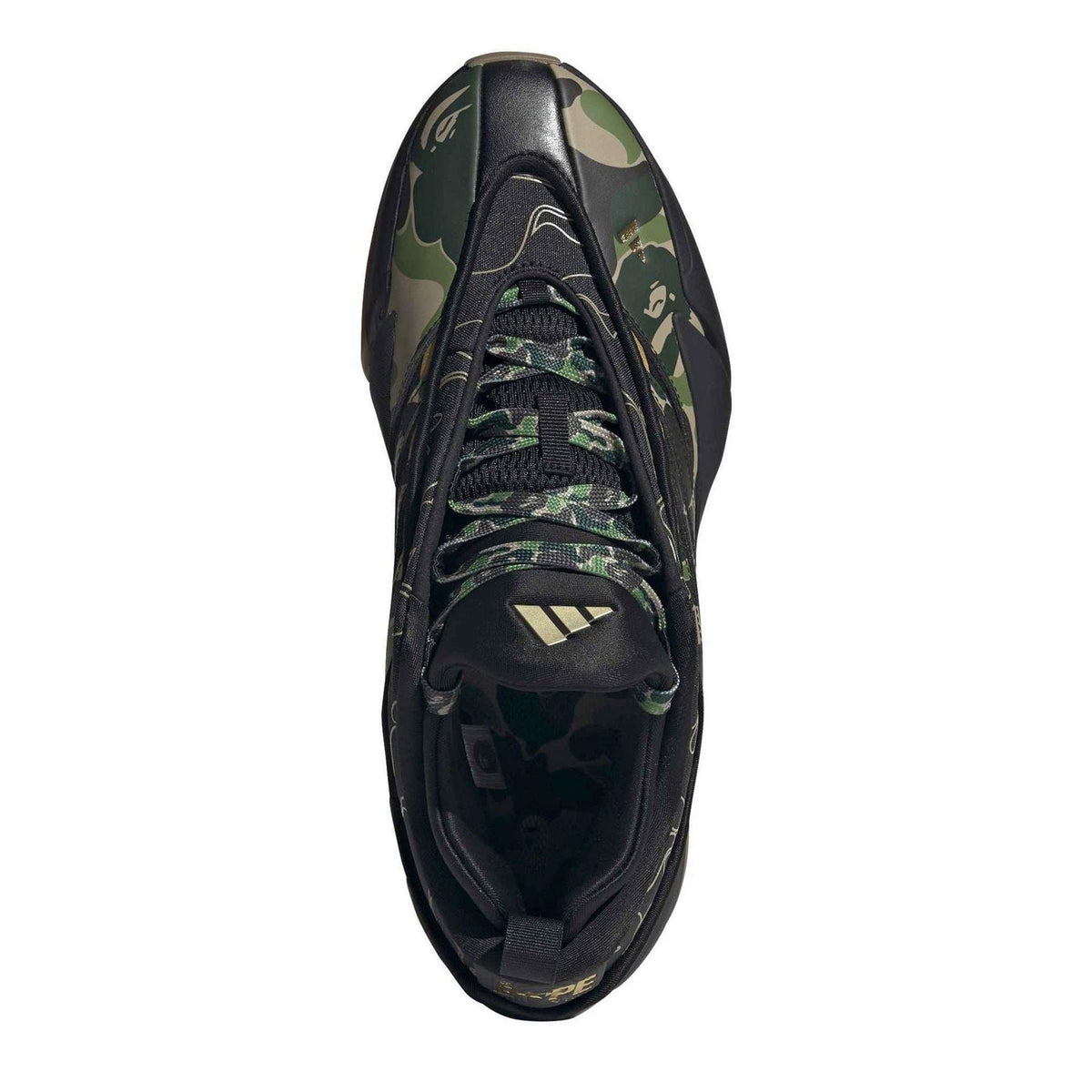Black camo trainers side view with lace-up eyelets and adidas heel logo