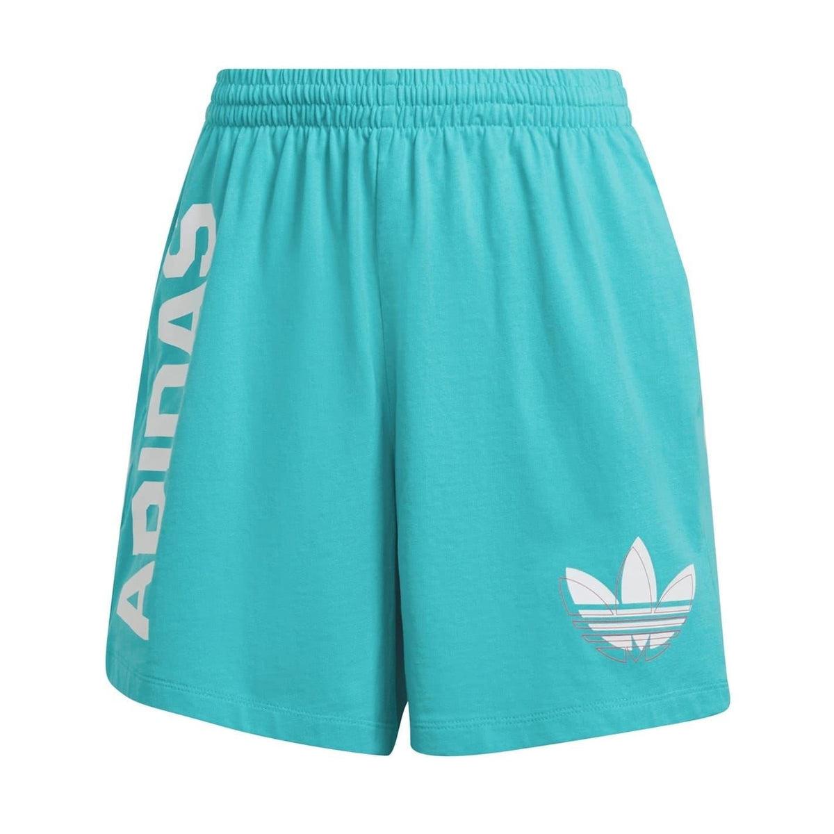 Turquoise adidas Originals shorts with elastic waistband and vertical ADIDAS logo print