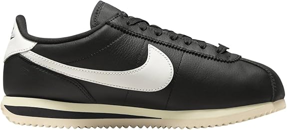 Women's Nike Cortez black leather low-top sneakers with white swoosh stripe