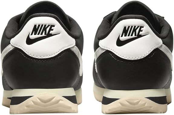 Women's Nike Cortez black sneakers with white heel Nike logo and sail outsole