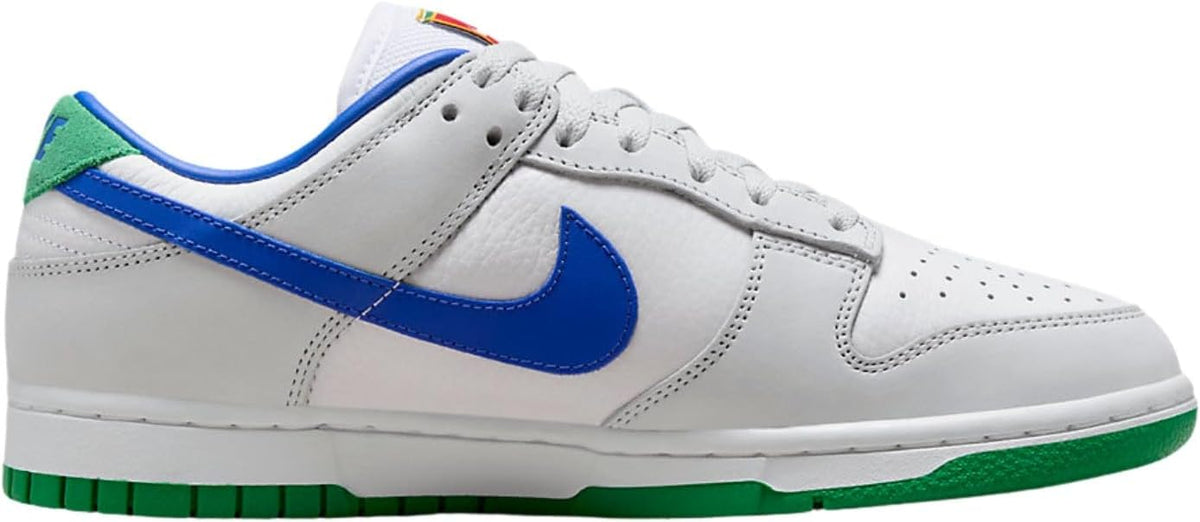 Women's Nike Dunk Low PRM low-top sneakers, white leather with blue swoosh and green trim