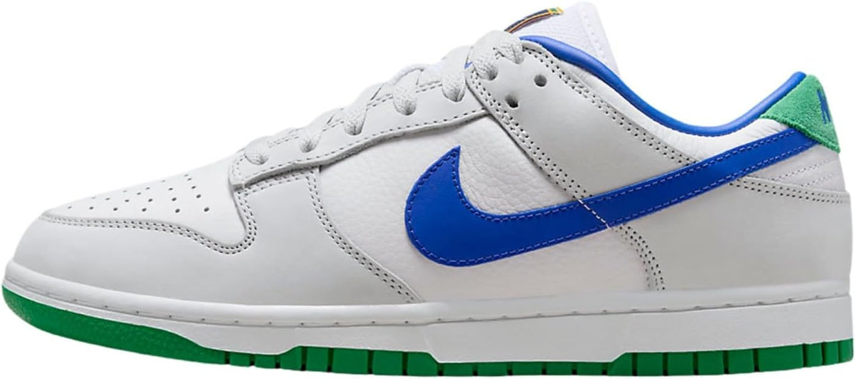 Women's Nike Dunk Low PRM low-top sneakers, white with blue swoosh and green outsole