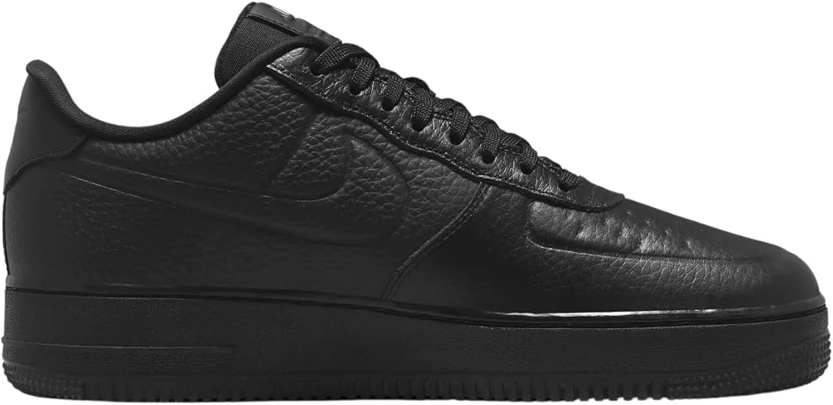 Black Nike Air Force 1 low-top sneaker, side view with laces and smooth leather panels