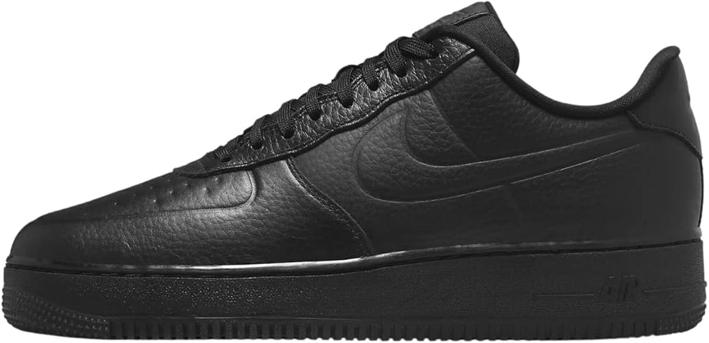 Black Nike Air Force 1 low-top sneaker with textured leather upper, lace-up front