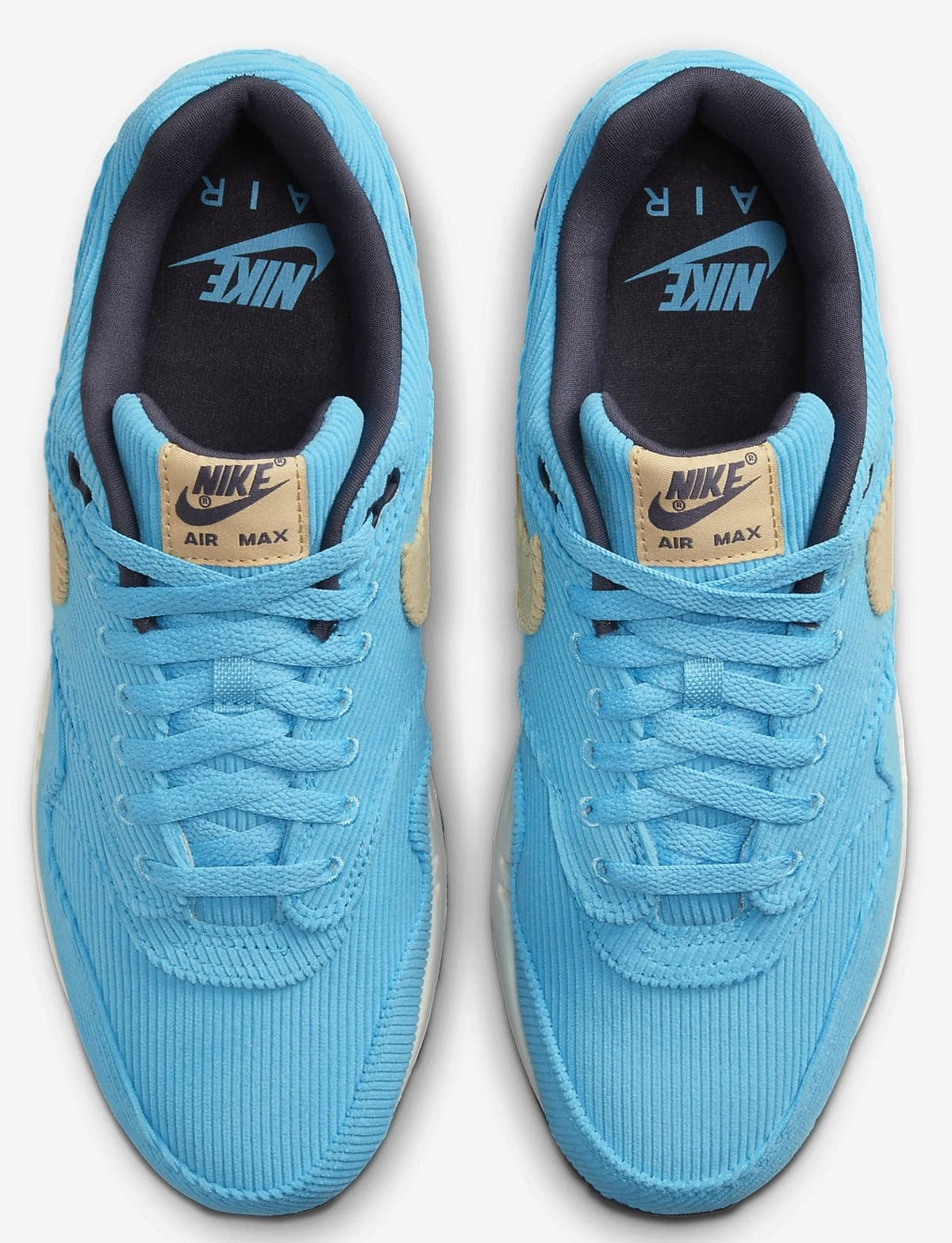 Men's Nike Air Max 1 PRM sneakers, pair view, bright blue knit upper with cushioned collar