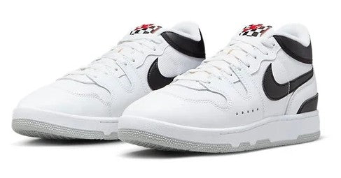 Pair of white and black Nike low-top QS sneakers, lace-up front view
