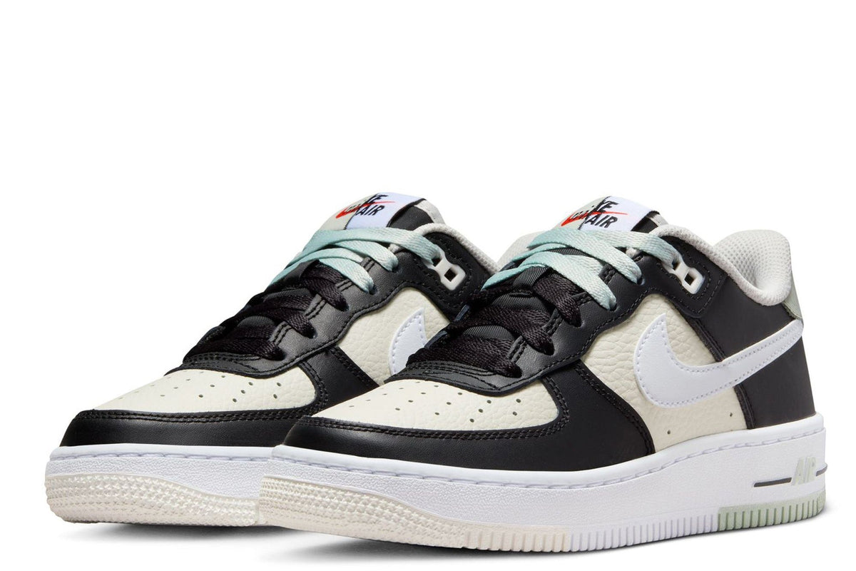Boys' Nike Air Force 1 sneakers, black and light silver, lace-up with perforated toe