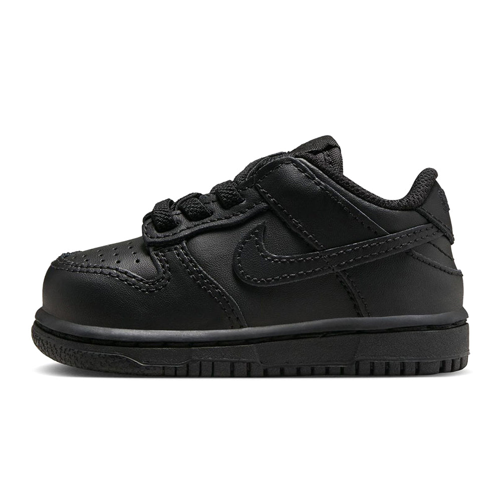 Kids' black Nike Dunk Low sneakers with black laces and side swoosh