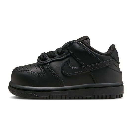 Kids' black Nike Dunk Low sneakers with black laces and side swoosh