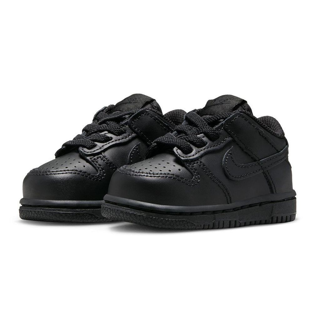 Pair of kids' black Nike Dunk Low sneakers, front view, with textured toe panels