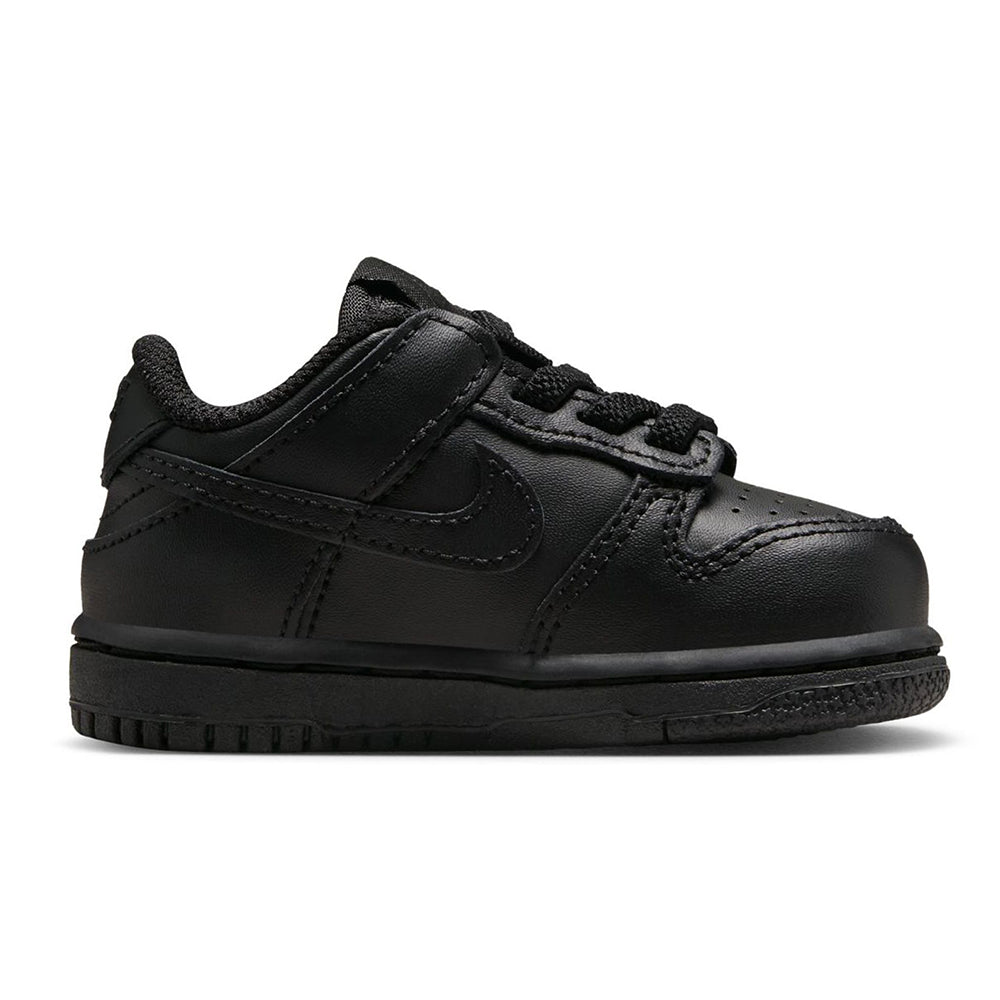 Kids' black Nike Dunk Low sneakers with hook-and-loop strap over the tongue