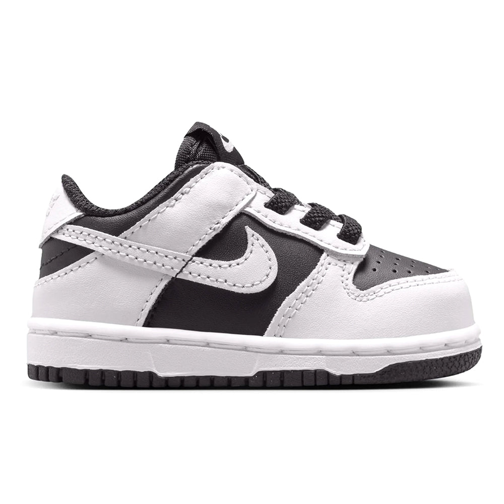 Toddler Nike Dunk Low sneakers, black and white leather with lace-up front and swoosh