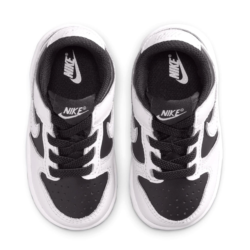 Toddler Nike Dunk Low sneakers, black tongues with Nike logo and black laces