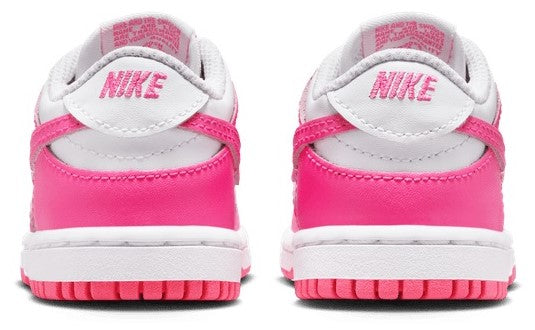 Toddler Nike Dunk Low heel view with NIKE logo on white collar and pink back panel