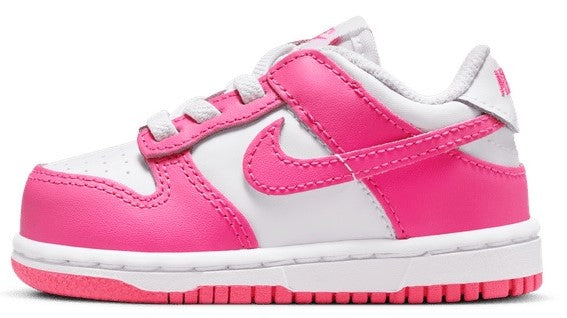 Toddler Nike Dunk Low sneakers with white leather, laser fuchsia overlays and laces