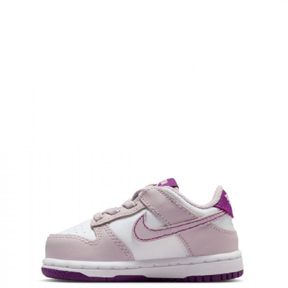 Toddler Nike Dunk Low low-top sneaker with pink leather panels and violet swoosh