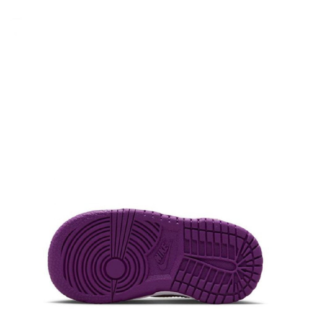 Toddler Nike Dunk Low outsole view with purple rubber tread