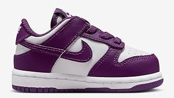 Toddler Nike Dunk Low sneakers, purple suede panels with white overlays and laces