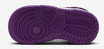 Toddler Nike Dunk Low outsole, purple rubber tread with circular pattern