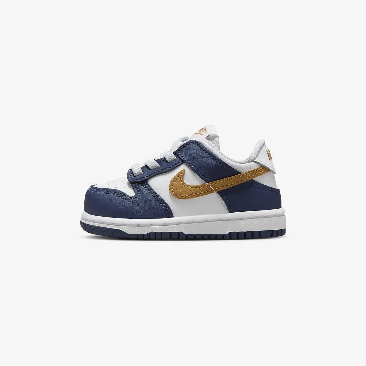 Toddler Nike Dunk Low low-top sneakers, navy blue with white sole and gold Swoosh