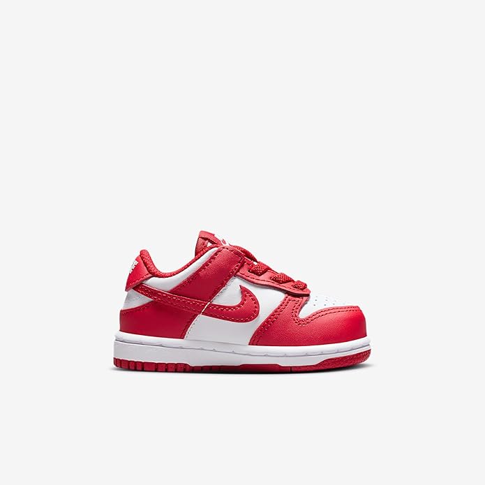 Toddler Nike Dunk Low sneaker with red upper, white side panels, and lace-up