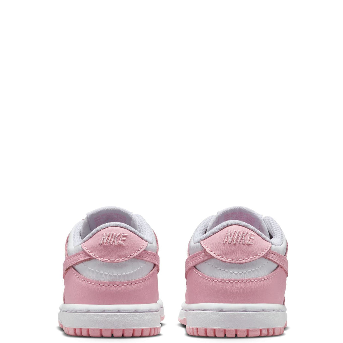 Toddler Nike Dunk Low sneakers back view, pink heel with Nike logo and white lining