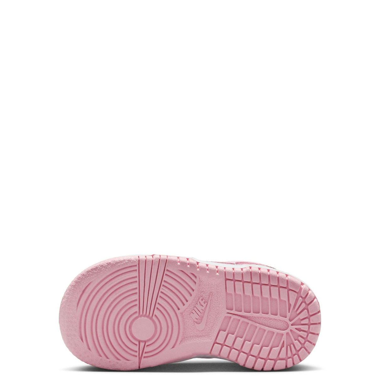 Toddler Nike Dunk Low outsole view, pink rubber tread with circular logo detail