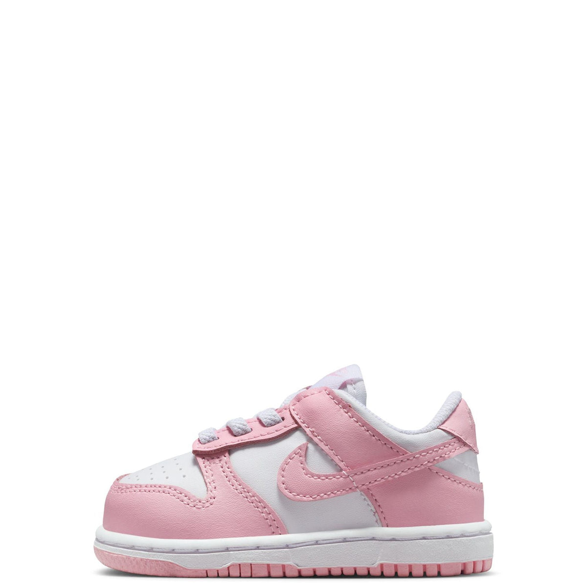 Toddler Nike Dunk Low sneakers, pink and white leather with velcro strap and rubber sole