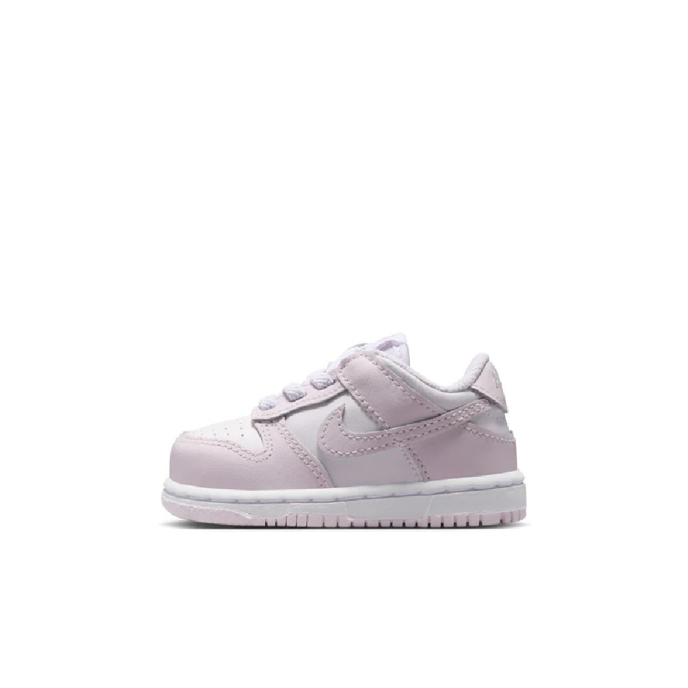 Toddler's Nike Dunk Low shoes, white with light violet accents, lace-up side view